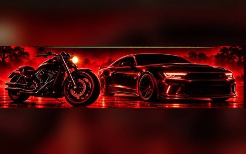 Bike and Car Night at The Orchard: a motorbike and a muscle car under red lights